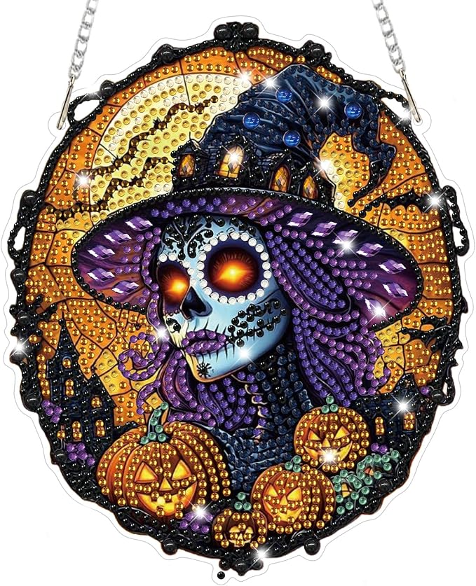 Bowetile Stained Glass Witch Diamond Art Hanging Kits for Adults, Gothic Diamond Art Suncatchers Halloween, 5D Special Shape Diamond Painting Pendant Window Ornament Gift for Home Wall Decor