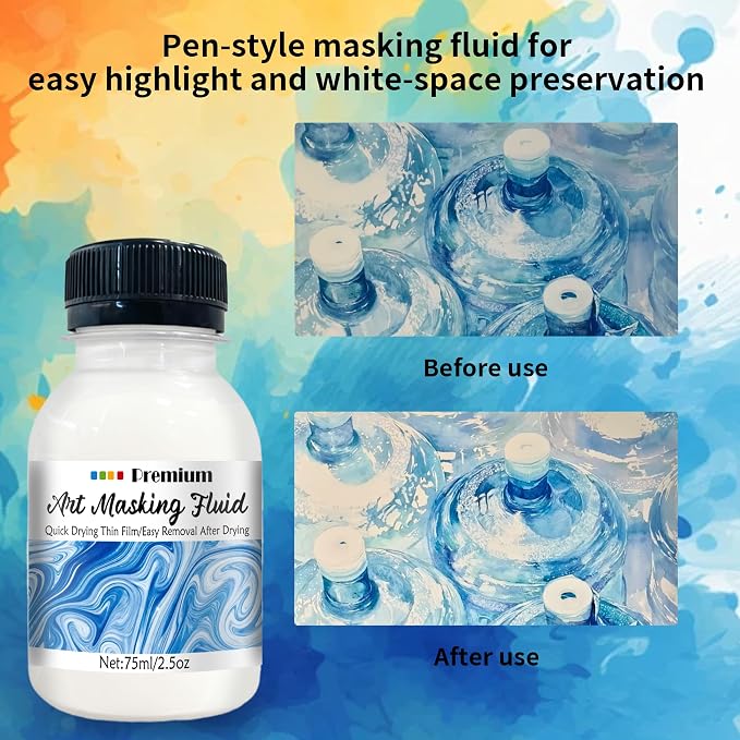 Watercolor Masking Fluid, Liquid Masking for Painting Watercolor Accessories with Silicone Pen Cleaning Brush Retouching and Covering for Painting and Various Art Projects Supplies,White (75ml)
