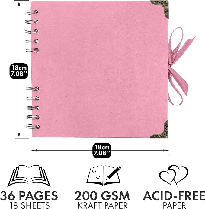 Bstorify Square Scrapbook Photo Albums 7 x 7 Inch Pink Thick Paper, Hardcover, Metal Corners, Ribbon Closure - Ideal for Your Scrapbooking Albums, Art & Craft Projects | Hardcover with Thick 200 GSM Kraft Paper, Ideal for Your Scrapbooking Albums, Art ...