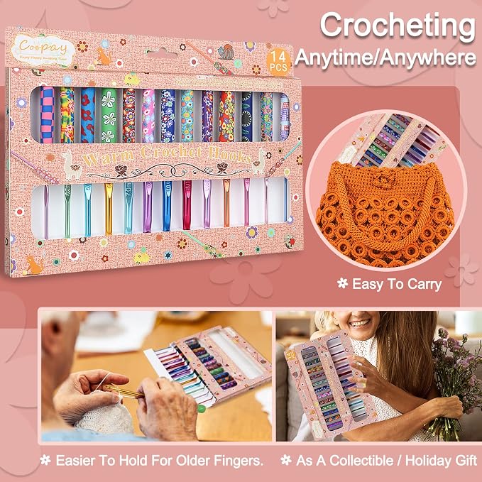 Coopay 14pcs New Warm Crochet Hooks for Beginner, Longer Crochet Hook Set