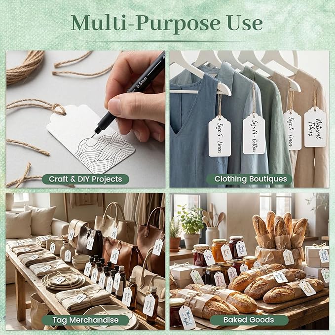 SallyFashion 100 PCS Gift Tags with String Attached, Kraft Paper Hang Tags | 1.7X2.8 inch, Paper Hang Tags for Clothes DIY, Crafts Wedding Holiday (White)