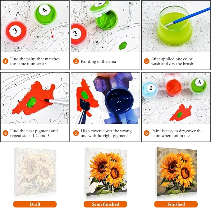 Fountor Framed Paint by Numbers Kit for Adults Beginner & Kids Ages 8-12, Sunflower Paint by Number with Frame, Easy Acrylic Watercolor Sunflower Painting by Numbers Kit on Canvas 10x10 inch