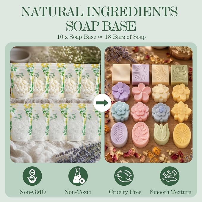 Soap Making Kit for Adults & Beginners Complete Soap Making Supplies | 3.3lb Glycerin Soap Base, 3 Dyes & Essential Oils, 3 Silicone Molds, Soap Cutter & Gift Packaging, Handmade Soap Crafts Kits