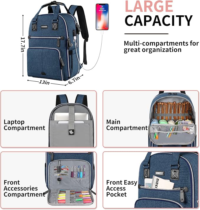 SINVICKO Crochet Bag, Knitting Bag Backpack and Totes Organizer with USB Charging Port, Large Yarn Storage Tote Bag