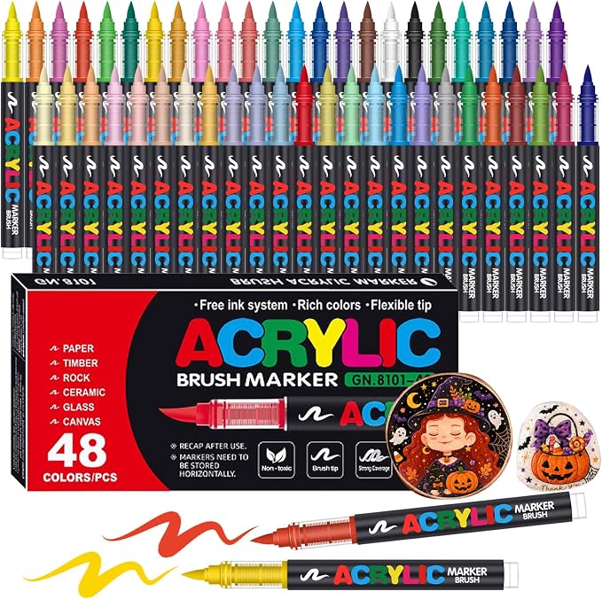 Amamao 48 Colors Soft Brush Tip Acrylic Paint Markers for Wood Rock Canvas