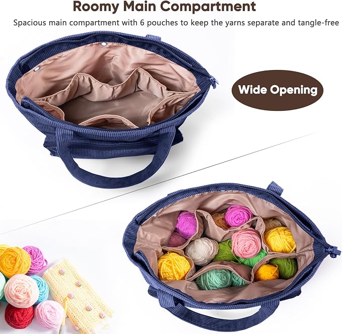 MYBAGZING Large Yarn Tote Organizer – Corduroy Knitting Storage Holder for Yarn, Hooks & Accessories, Portable Craft Carryall for Crocheting Lovers, Mother’s Day Gift