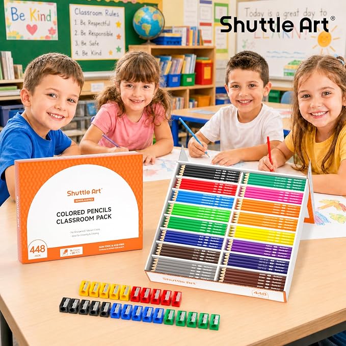 Shuttle Art 448 PCS Colored Pencils Bulk, 16 Colors, Pre-sharpened for Kids | Vibrant Colors, Break-Resistant, Bulk Pack Back to School Supplies for Teachers, Students, Classrooms