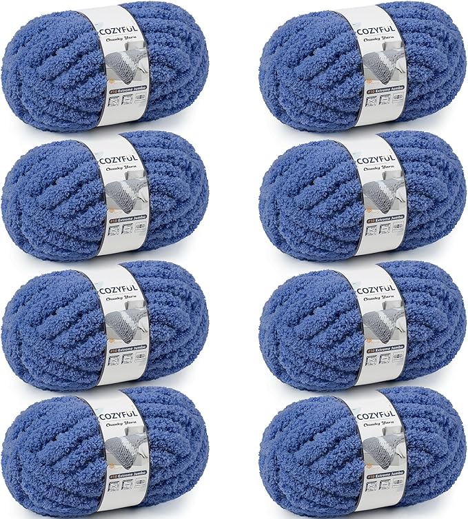 Cozyful Chunky Yarn for Hand Knitting - #10 Chunky Chenille Yarn, Jumbo Big Thick Chunky Yarns for Crocheting, Super Bulky Chunky Knit Blanket Yarns, 8 Skein (22 yds 8 oz Each Skein), Country Blue