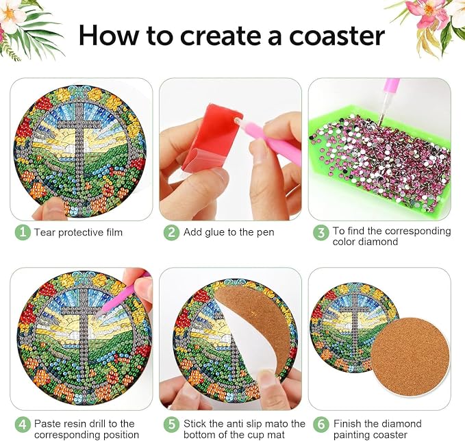 mrpwnle 8 Pack Diamond Art Coasters Kits - Cross Diamond Painting Coasters