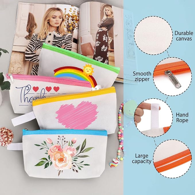 10 Pieces Cotton Canvas Makeup Bag with Bottom and Strap, Multi-Purpose Cosmetic Bag with Zipper Travel Toiletry Pouch, Blank DIY Craft Bag (Multicolor 01, XS)