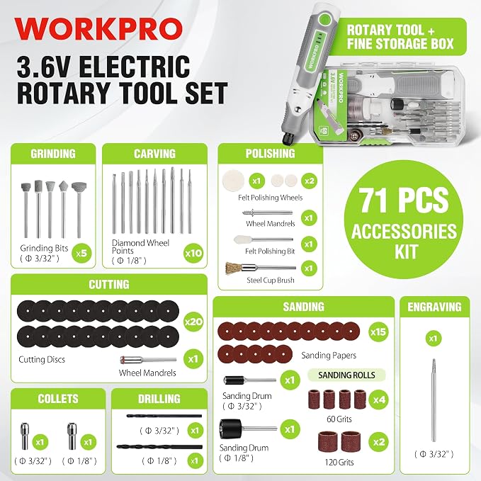 WORKPRO Mini Rotary Tool Kit, 3-Speed DIY Engraving, Carving & Cutting | Cordless Rotary, 71PC Accessories, Lightweight Handling, Comfortable Rubber Grip, USB-C Rechargable