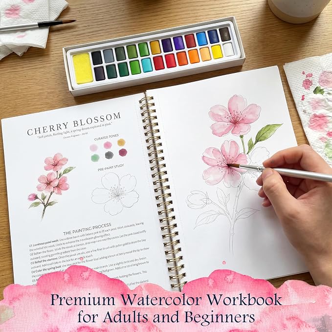 Watercolor Workbook for Beginners,18 Floral Water Coloring Book,Relaxing & Easy to Paint Water Coloring Book with 24 Colors-Perfect for Gifting to Creativity & Joy for Adults