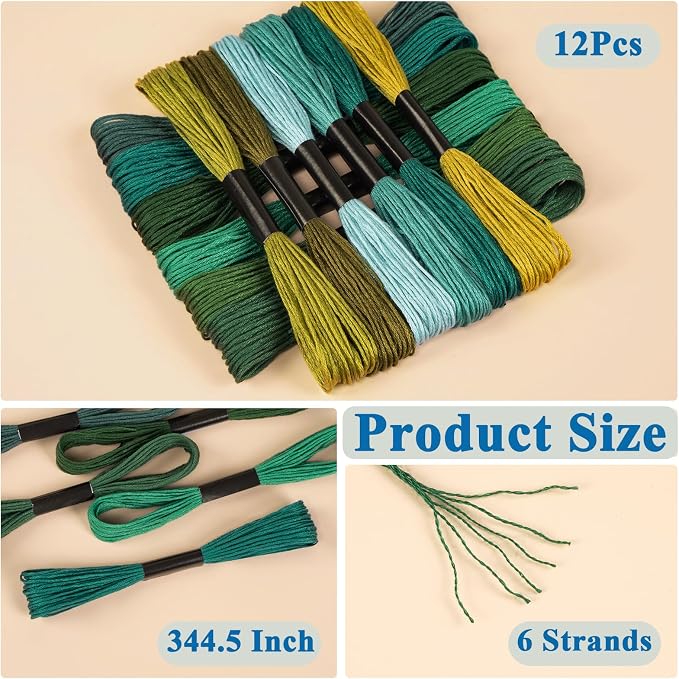 Amrules Friendship Bracelet String, 12 Pcs Embroidery Floss, Green Series | Including 344.5" Cotton Cross Stitch Thread, Hand Embroidery Thread for DIY Sewing and Embroidery Crafts Making
