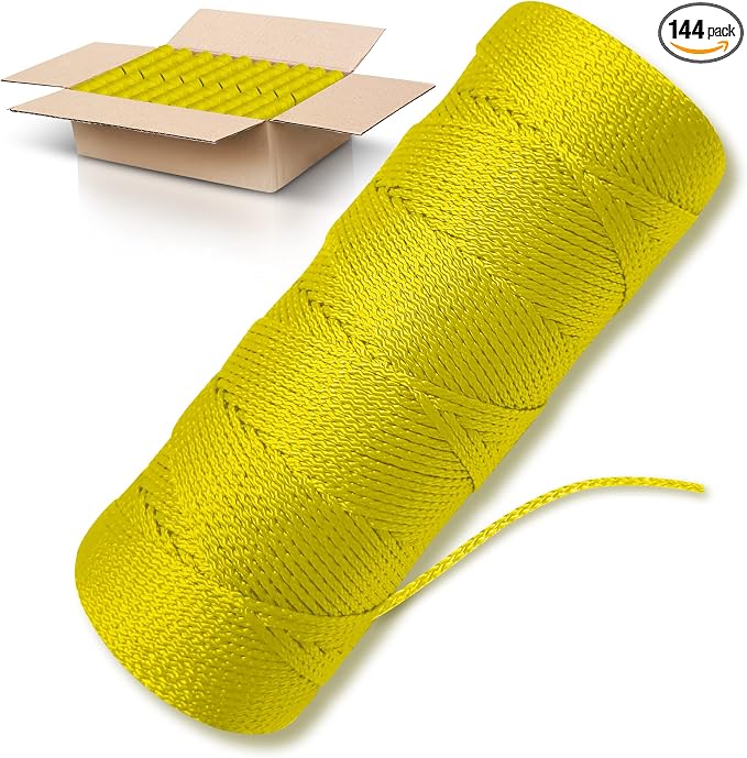Yellow Mason Line String Line - 144 Roll Pack - #18 Braided Nylon String - 250 Ft Length Per Roll - Nylon Twine for Gardening Or Masonry Tools - Perfect Construction String for A String Level