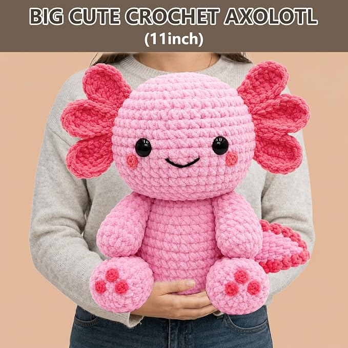 CODGP Crochet Kit for Beginners, 11-Inch Axolotl Crochet Kit for Adults | Crochet Starter Kit Gift, Animal Amigurumi Kit, Durable Chenille Yarn, Full Supplies, Step-by-Step Videos, for Crochet Lovers