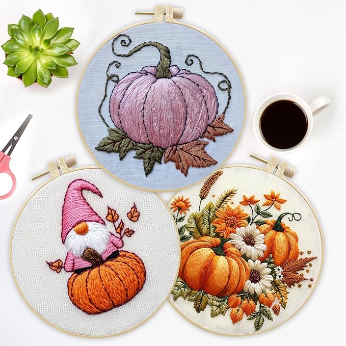 LB Pink Fall Embroidery Kit for Beginners Adults, 3 Sets Hand Embroidery Starter Kit with Gnome Pattern and Instructions Stamped Cross Stitch Kits Include Embroidery Hoop Needles Threads Scissors