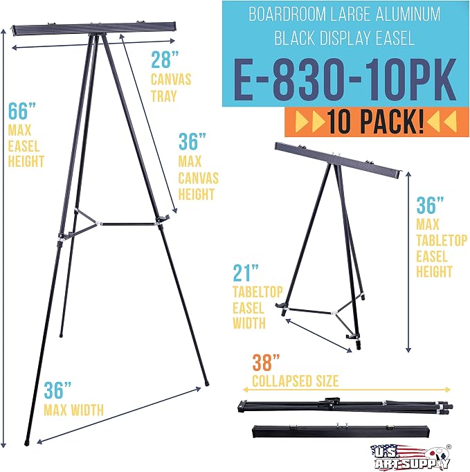 U.S. Art Supply 66" High Boardroom Black Aluminum Flip Chart Easel, 10-Pack