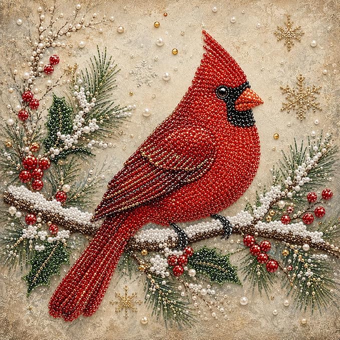 LJSCQF DIY Christmas Pearl Diamond Painting Art Kit with Frame, Home Wall Decor Art Craft Kit, Holiday Christmas Wall Decor, Handmade Home Decoration Gift (Red Cardinal, 12x12in)