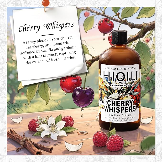 HIQILI Cherry Whispers‌ Fragrance Oil for Soap, Candle Making, Inspired by E.scd Cherry in-t.Air, Wool Dryer Balls, Home Luxury Scents for Laundry & Bathroom Use - 5.07 Fl Oz (Pack of 1)