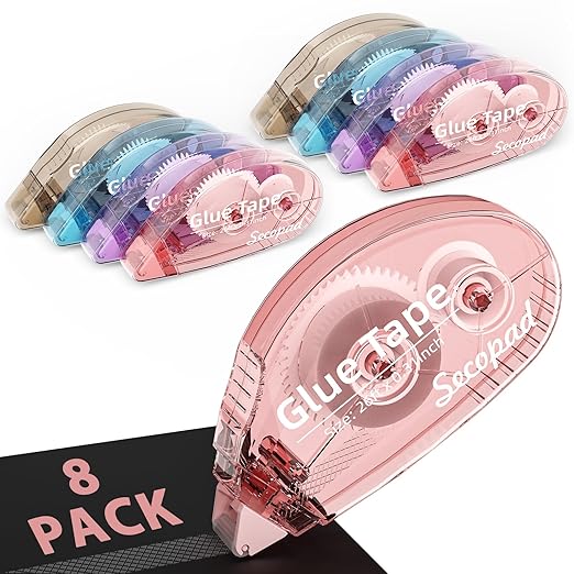 Secopad Scrapbook Tape, 8 Pack Glue Tape, Light-Colored Shell | 0.3IN x 26FT, Sticky & Safe, Double Sided Tape for Crafts, Scrapbooking Junk Journaling Supplies, For School Office Teachers