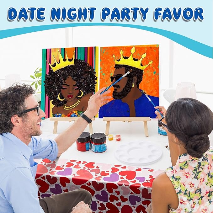 Yeaqee 13 Pcs Sip and Paint Kit for Adults Stretch Canvas Date Night Valentines Painting Kit Supplies Art Painting Set Outline Design Blank Stretch Canvas for Couple Party(Afro King Queen,11x14)