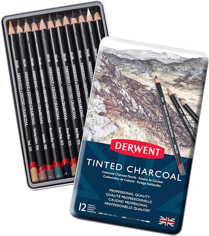 Derwent Tinted Charcoal Pencils, 4mm Core, Metal Tin, 12 Count (2301690)