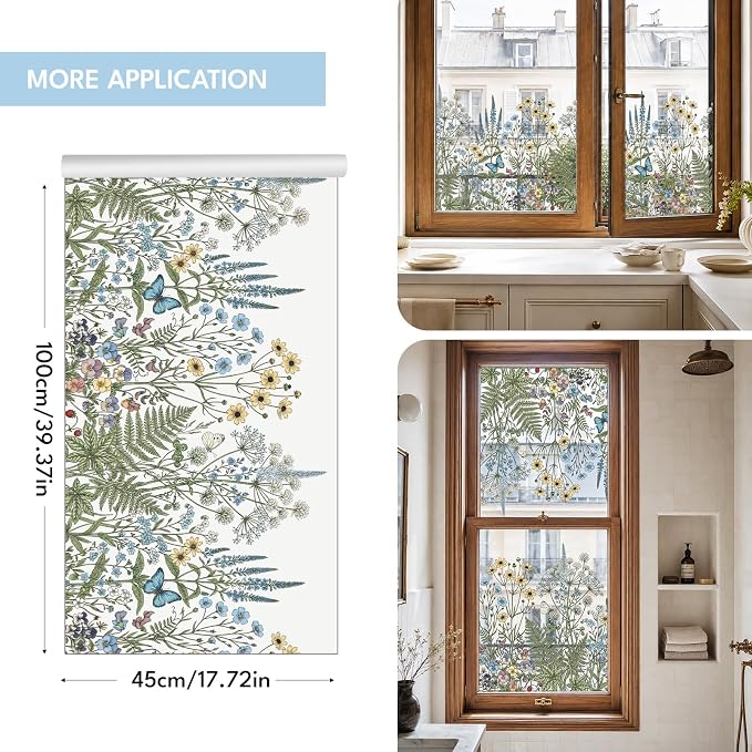 ADD.HERES Window Privacy Film,Colorful Floral Window Stickers,Removable DIY Bouquet Static Clings, Decals for Home School Office Party Supplies, Wildwood Whisper, 17.5" x 78.7"