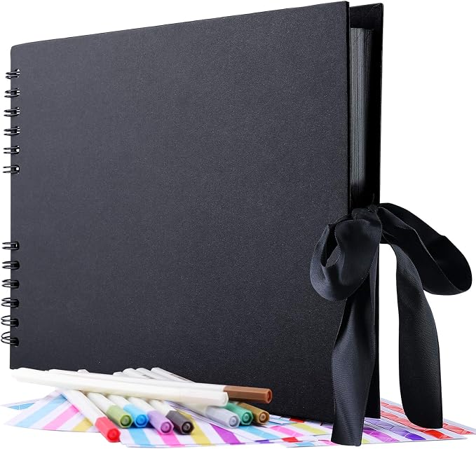 Gotideal 80 Pages Scrapbook Album with 10 Metallic Markers, Black | Craft Paper Photo Album for Wedding and Anniversary, Family DIY Scrapbook Accessories with Scrapbooking Stickers Corners