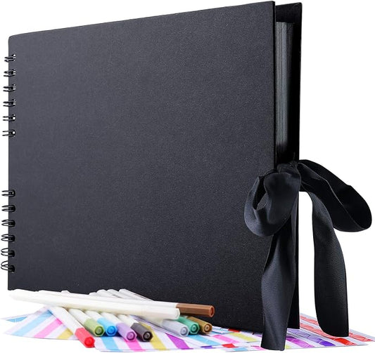 Gotideal 80 Pages Scrapbook Album with 10 Metallic Markers, Black | Craft Paper Photo Album for Wedding and Anniversary, Family DIY Scrapbook Accessories with Scrapbooking Stickers Corners