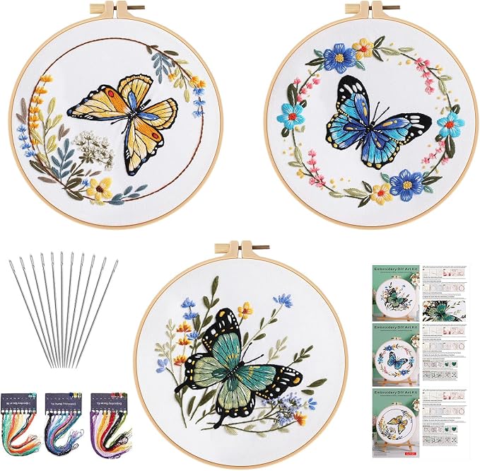 GLTAYLMY 3 Sets Butterfly Embroidery Starter Kit for Beginners Flower Stamped Cross Stitch Kits with Instructions for Beginners Adults Include Embroidery Hoop Threads and Needles