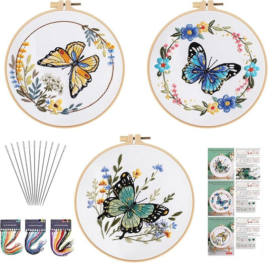 GLTAYLMY 3 Sets Butterfly Embroidery Starter Kit for Beginners Flower Stamped Cross Stitch Kits with Instructions for Beginners Adults Include Embroidery Hoop Threads and Needles