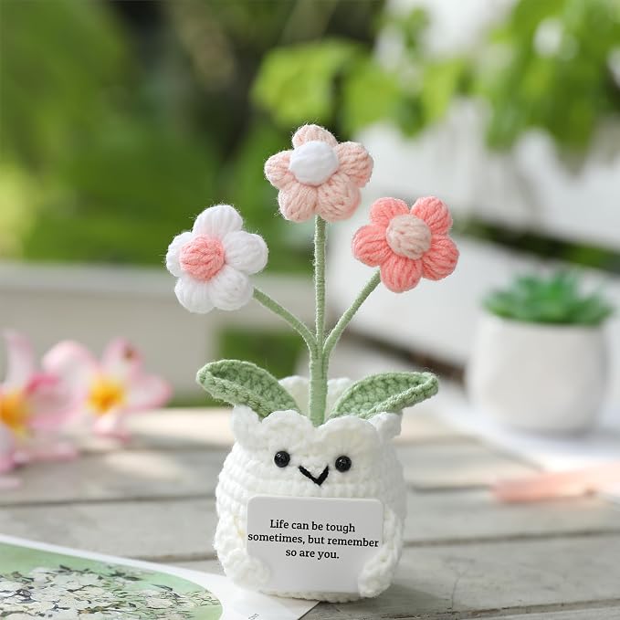 Mental Health Crochet Flower Pot, Positive Stress Relief Desk Decor with Card “Life Can Be Tough But So are You”, Handmade Emotional Support Gift