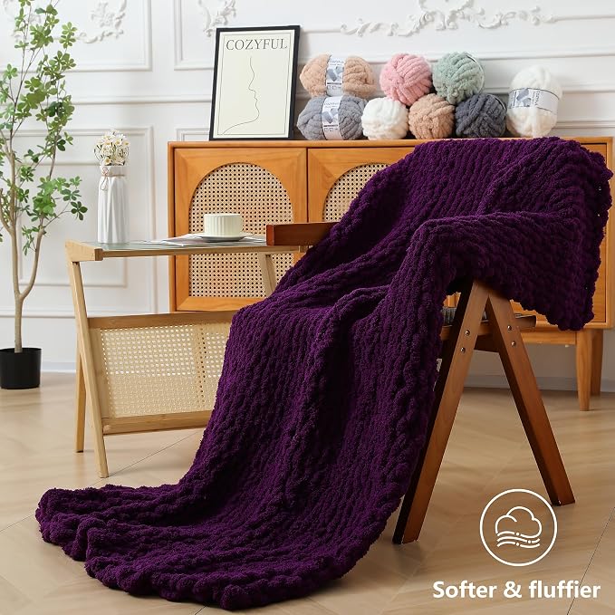 Cozyful Chunky Yarn for Hand Knitting - #10 Chunky Chenille Yarn, Jumbo Big Thick Chunky Yarns for Crocheting, Super Bulky Chunky Knit Blanket Yarns, 8 Skein (22 yds 8 oz Each Skein), Dark Purple