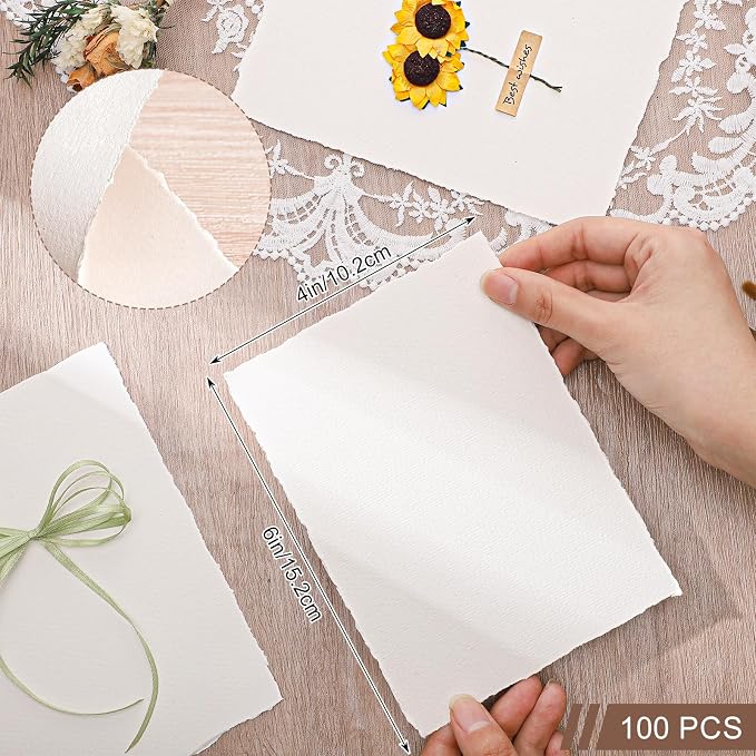 100 Sheets Deckled Edge Paper, 4x6 in Handmade Paper, 160 GSM