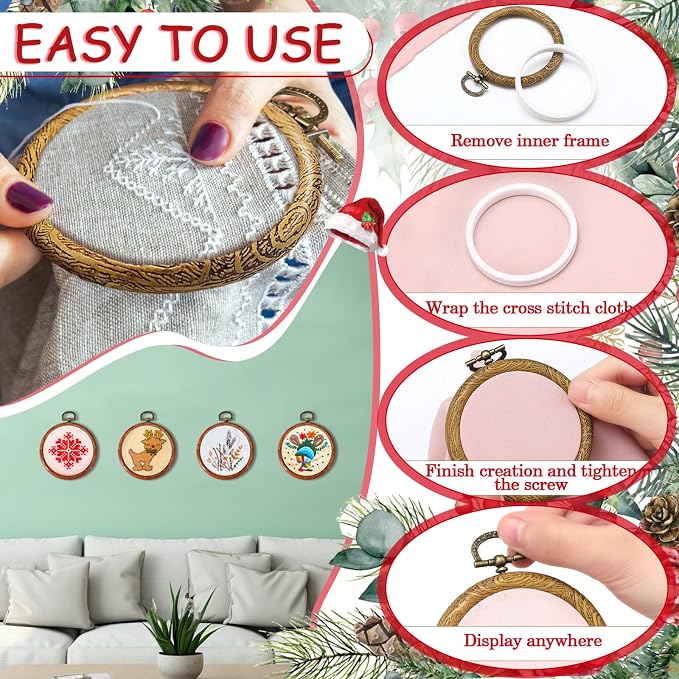 Burbell 15 Pcs 2.4 Inch Round Embroidery Hoops Frame Circle Rubber Hoops Ring Display Cross Stitch Ornament Imitated Wood Frame Kits for Spring Gifts Mother's Day Craft Sewing DIY Hanging Gifts