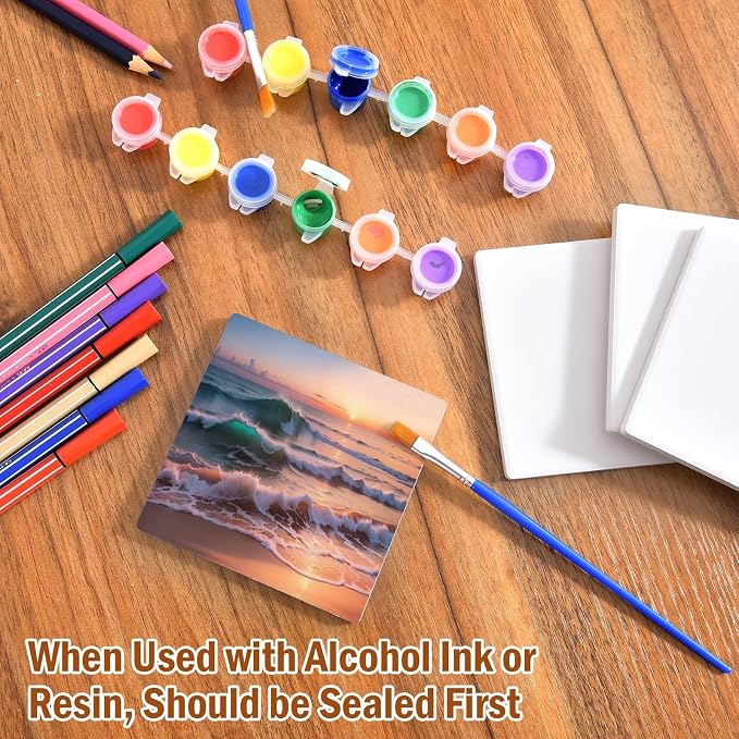 60 Pcs Ceramic Tiles for Crafts White Ceramic Coasters for Crafts Blank Unglazed Ceramic Tiles 4x4 for Painting, Alcohol Ink, Acrylic Pouring, DIY Coaster, Cork Backing Pads Included
