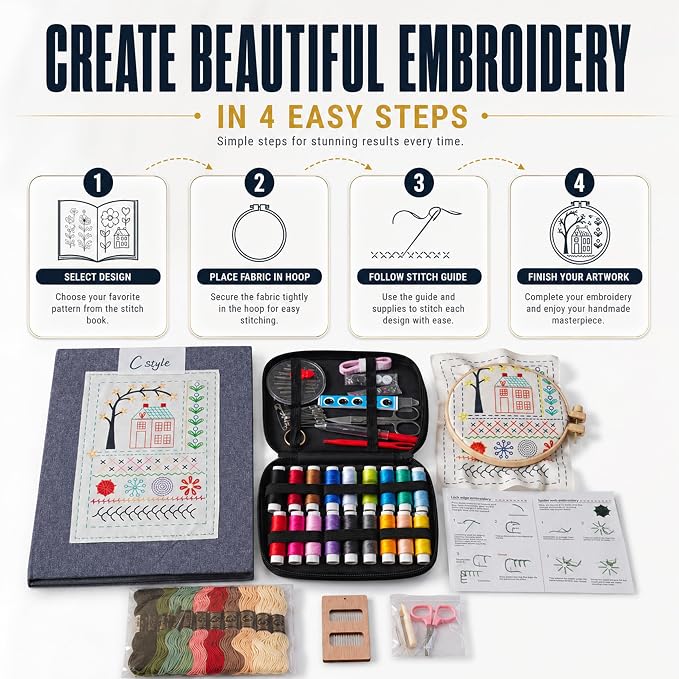 Embroidery Kit for Beginners | Video Tutorial, 3pcs Hoops, 106 Patterns, 65 Water Soluble Designs, 86PCS Sewing Supplies Set | Cross Stitch Book Kit | DIY Needlework Starter Craft Gift for Adults