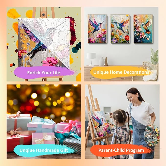 Mandun Hummingbird Paint by Numbers Kit for Adults, 3 Pack, 7.8x11.8 inch | DIY Painting Kits Crafts for Adults, Relieve Stress, Frame Canvas, Wooden Easel, Gift Box, Home Wall Decor