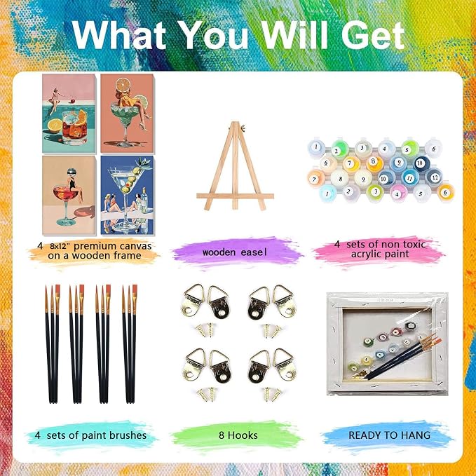 4 Pcs Cocktail Paint by Numbers for Adults with Frame Canvas - Wooden Easel | Cocktail Paint by Number for Beginners, Easy Acrylic Oil Painting on Canvas with Brushes for Home Wall Decor (8x12 inch)