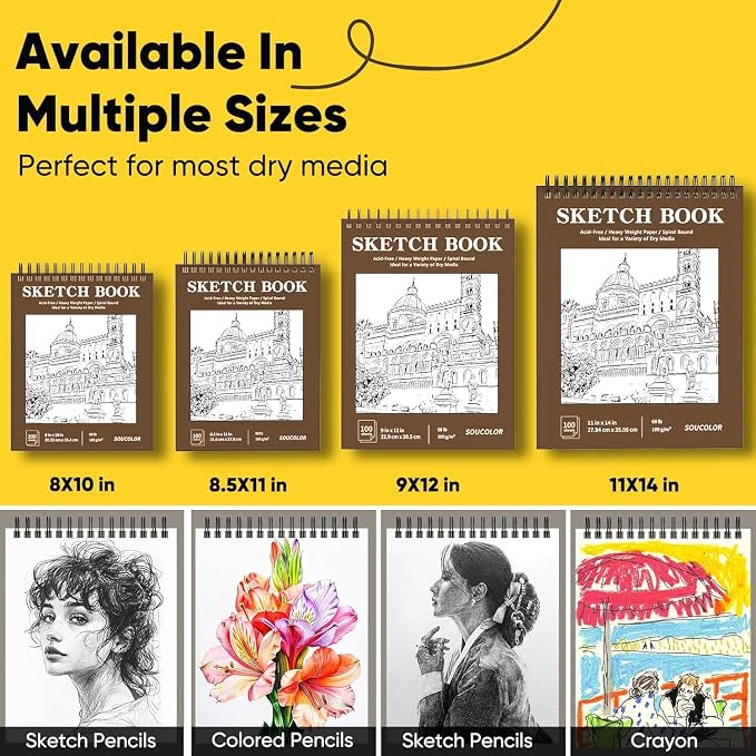 Soucolor Sketch Book 9x12, 100 Sheets Drawing Pad, Art Sketchbook for Kids | 68lb acid-free Paper,no bleed-through, clean erase, top spiral lay-flat, micro-perforated, for kids, adults, all skill levels