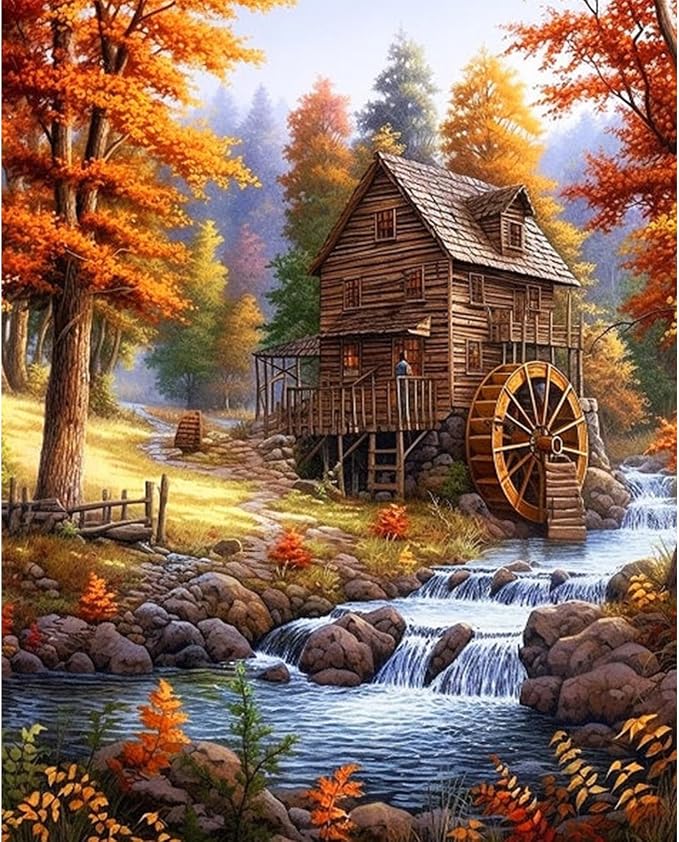 Fountor Fall Landscape Paint by Numbers Kit for Adults Beginner 16x20 Inch | DIY Acrylic Painting by Numbers Cabin in the Forest, Stream, Without Frame Canvas, Stress Relief Craft Kits, Home Decor Gift