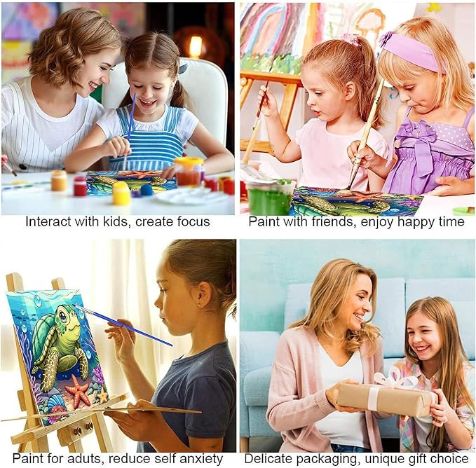 ajepon Sea Turtle Paint by Numbers Kit for Kids with Frame - Cute Tortoise Paint by Number for Kids, Kid Painting by Number Kits Age 8-12 for Home Wall Decor 8X8inch (with Wooden Easel)