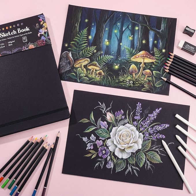 160 GSM Black Paper Sketchbook 9 × 12 in, 50 Sheets Black Paper Notebook