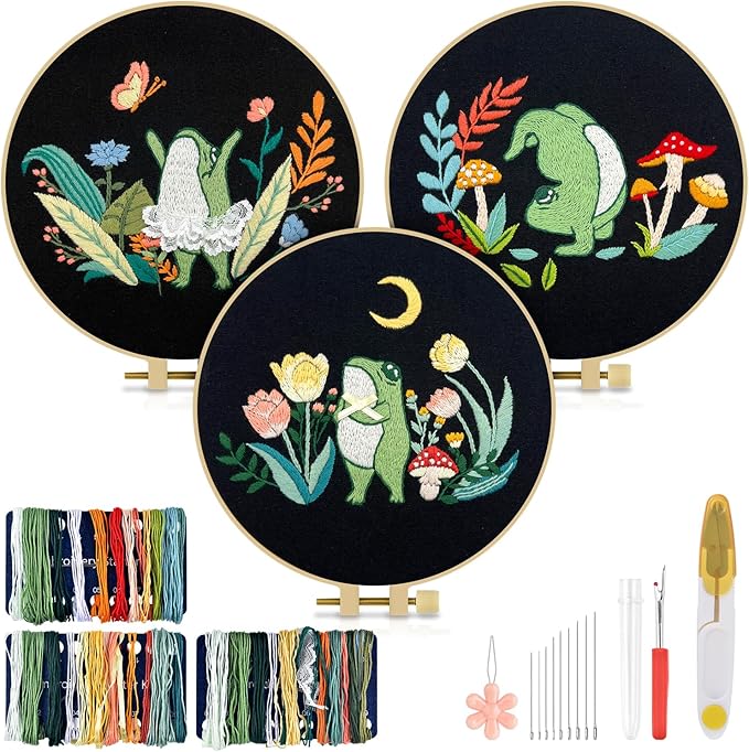 TINDTOP 3 Sets Embroidery Kit for Adults, Frog Embroidery Practice Kit | for Beginners Include Embroidery Cloth Hoops Threads for Craft Lover Hand Stitch with Embroidery Skill Techniques