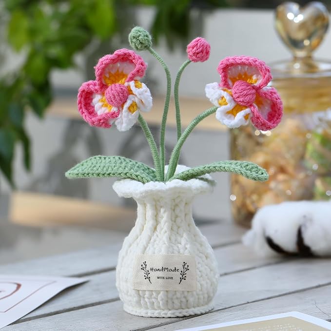 Orchid Crochet Flower Pot Deep Rose Handmade Knitted Phalaenopsis Desk Decor for Home Office