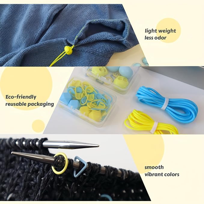 RYSUOZI Knitting Barber Cords, 2PCS Odorless Knitting Accessories Kit for Needle, with 20PCS Metal Stitch Markers, 40PCS Plastic Stitch Markers, Stitch Holder Cord Lock Needle Stoppers in Tin Box
