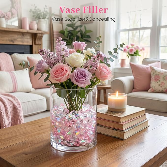 DOMESTAR 150 PCS Iridescent Fake Ice Rocks, Pink and Clear Acrylic Crystals