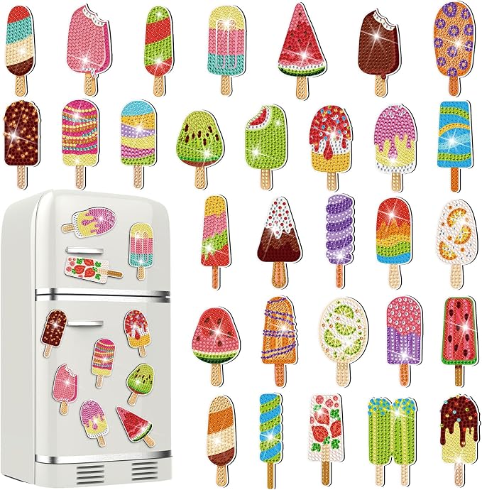 Remuuly 30 Pcs Ice Cream Diamond Painting Magnets Diamond Art Kit for Adult | Summer Refrigerator Magnets, Ice Cream 5D Rhinestone Fridge Magnetic Sticker, Small Diamond Club Gifts, Beginner DIY Crafts