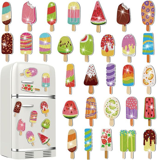 Remuuly 30 Pcs Ice Cream Diamond Painting Magnets Diamond Art Kit for Adult | Summer Refrigerator Magnets, Ice Cream 5D Rhinestone Fridge Magnetic Sticker, Small Diamond Club Gifts, Beginner DIY Crafts