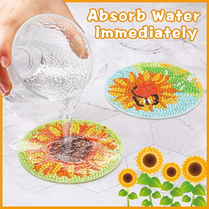 UPINS 8Pcs Sunflower Diamond Art Painting Coasters for Drinks | DIY Coaster Diamond Art Kits, for Adults Diamond Art Craft Supplies